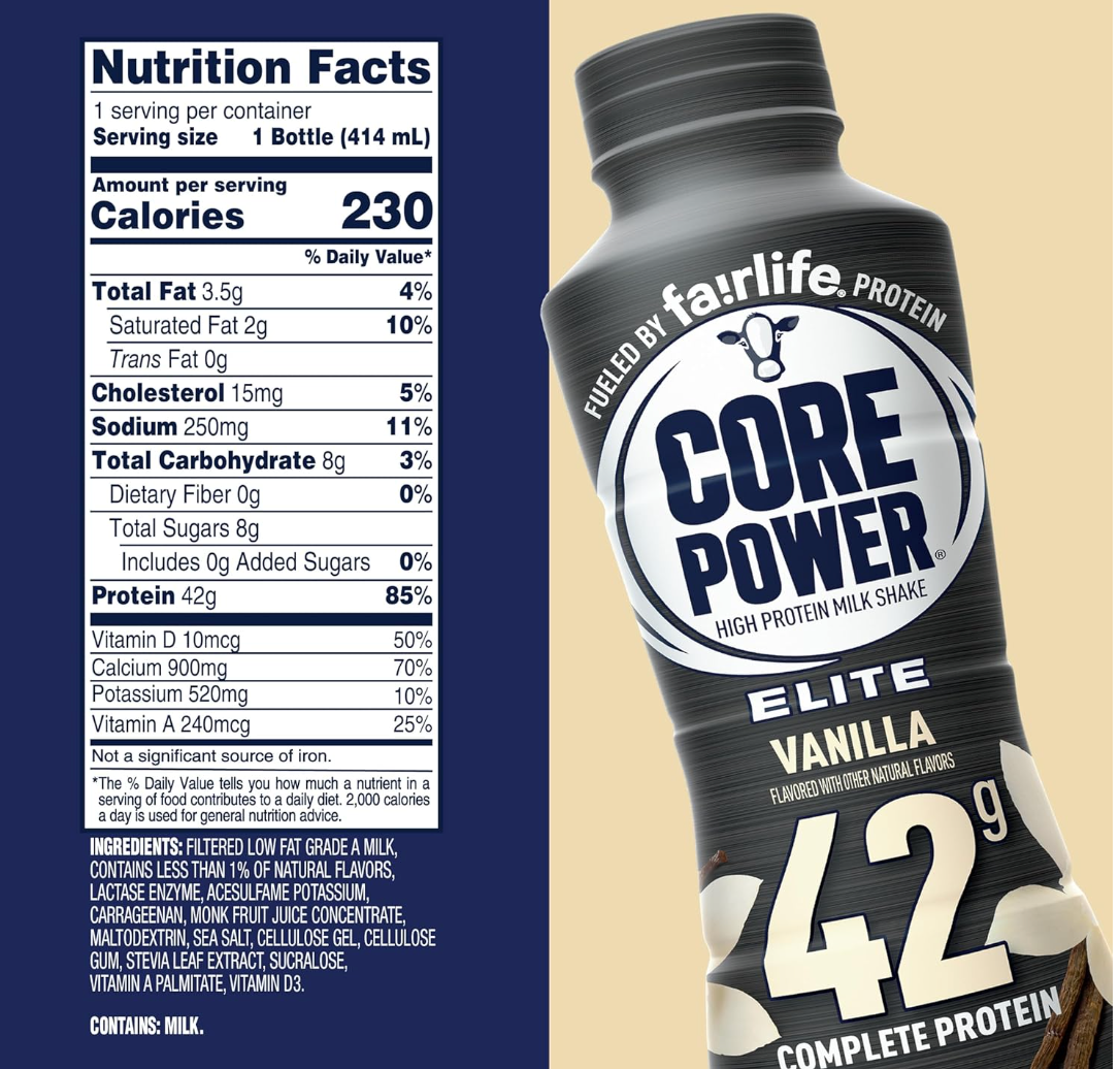 Vanilla Core Power Fairlife Elite 42g High Protein Milk Shake Bottle, Ready To Drink for Workout Recovery, kosher, Liquid, Vanilla, 14 Fl Oz (Pack of 12)