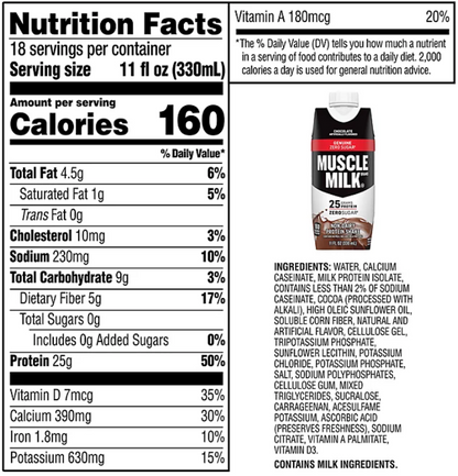 Muscle Milk 25g Genuine Protein Shake, Chocolate, 11 fl. oz., 18 pk.